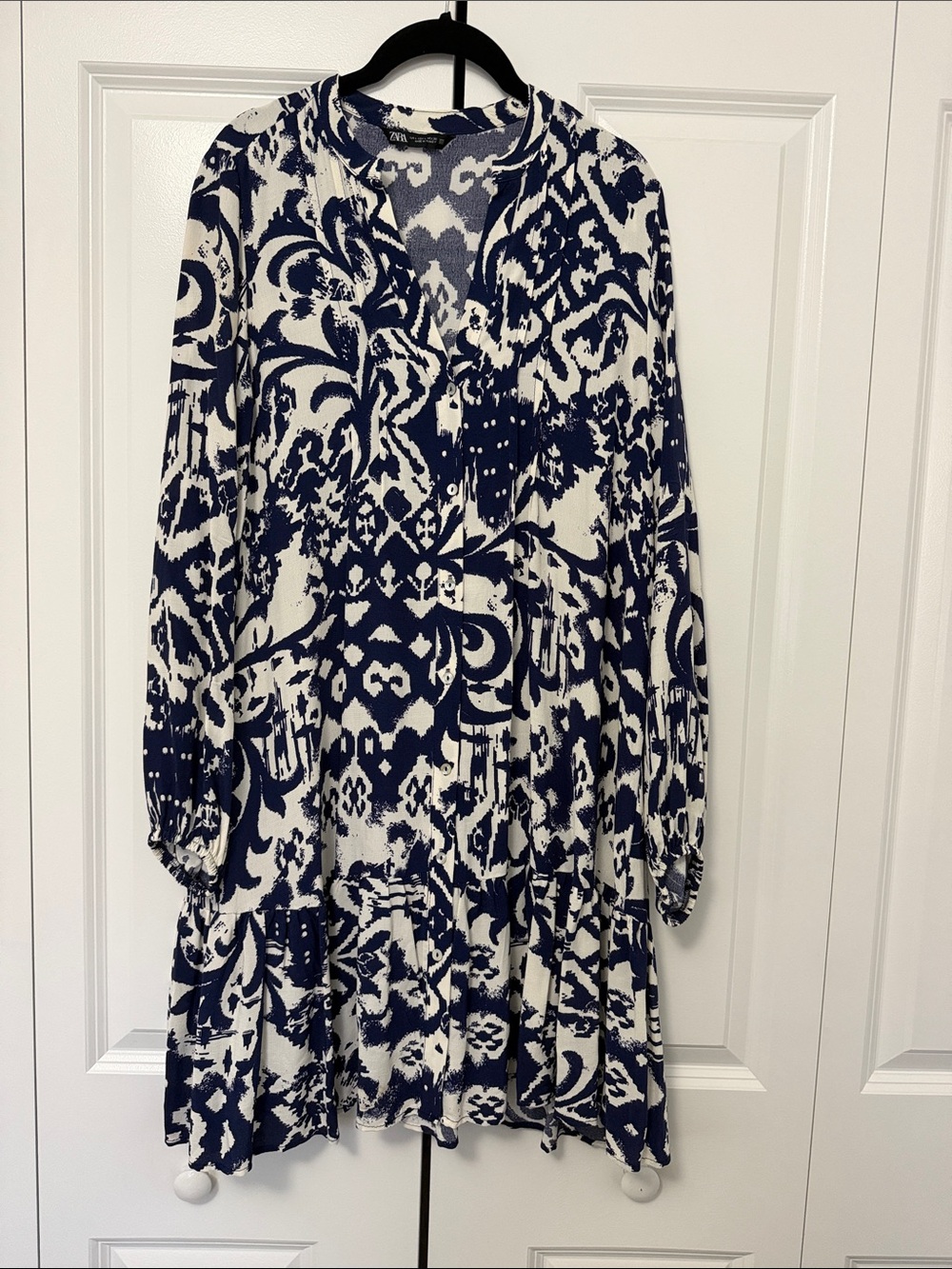 Zara Navy and White Printed Long Sleeve Tiered Tunic Dress